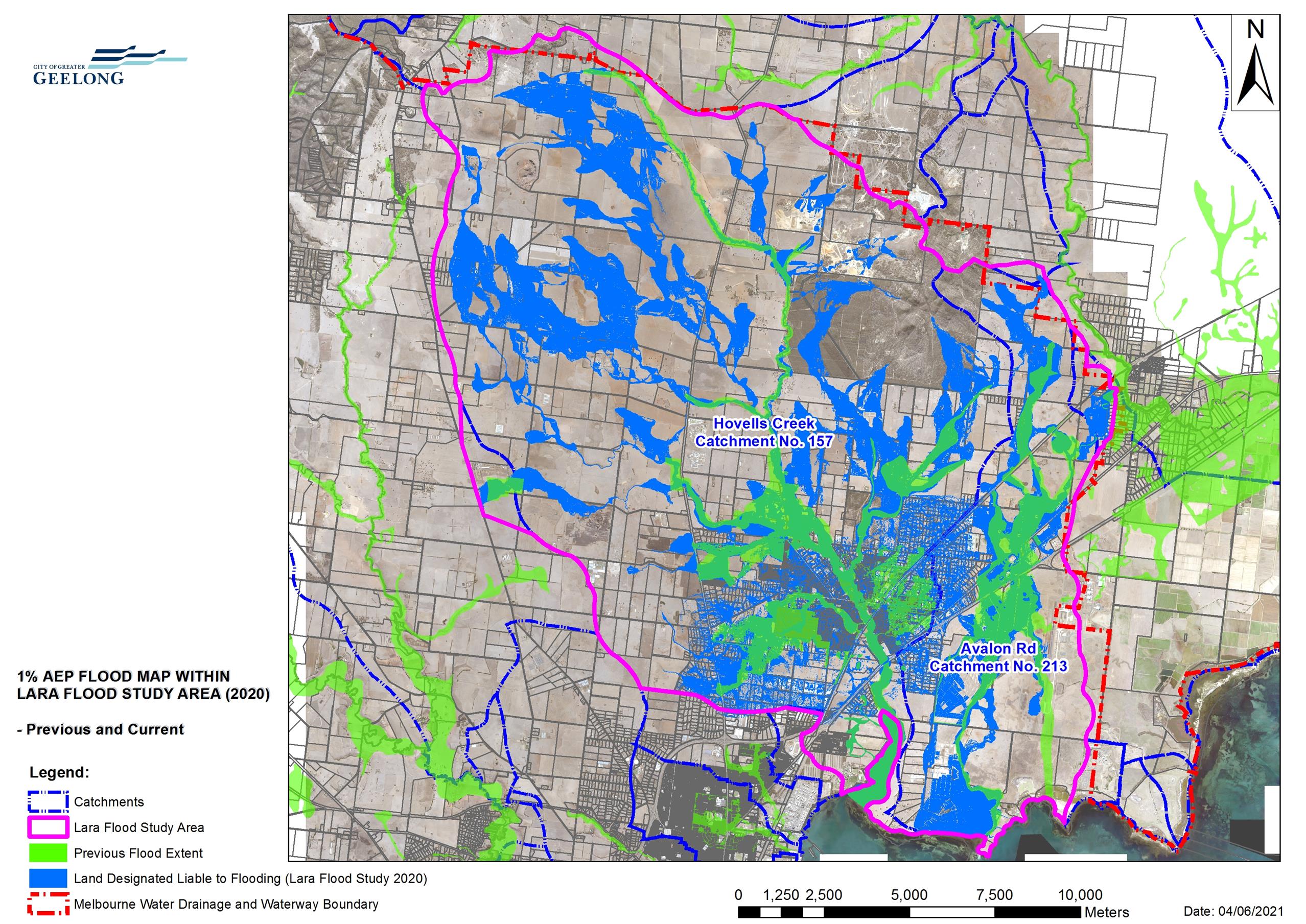 This map shows the flood extent in the Lara catchment for a 1% AEP (1 in 100 year) event.