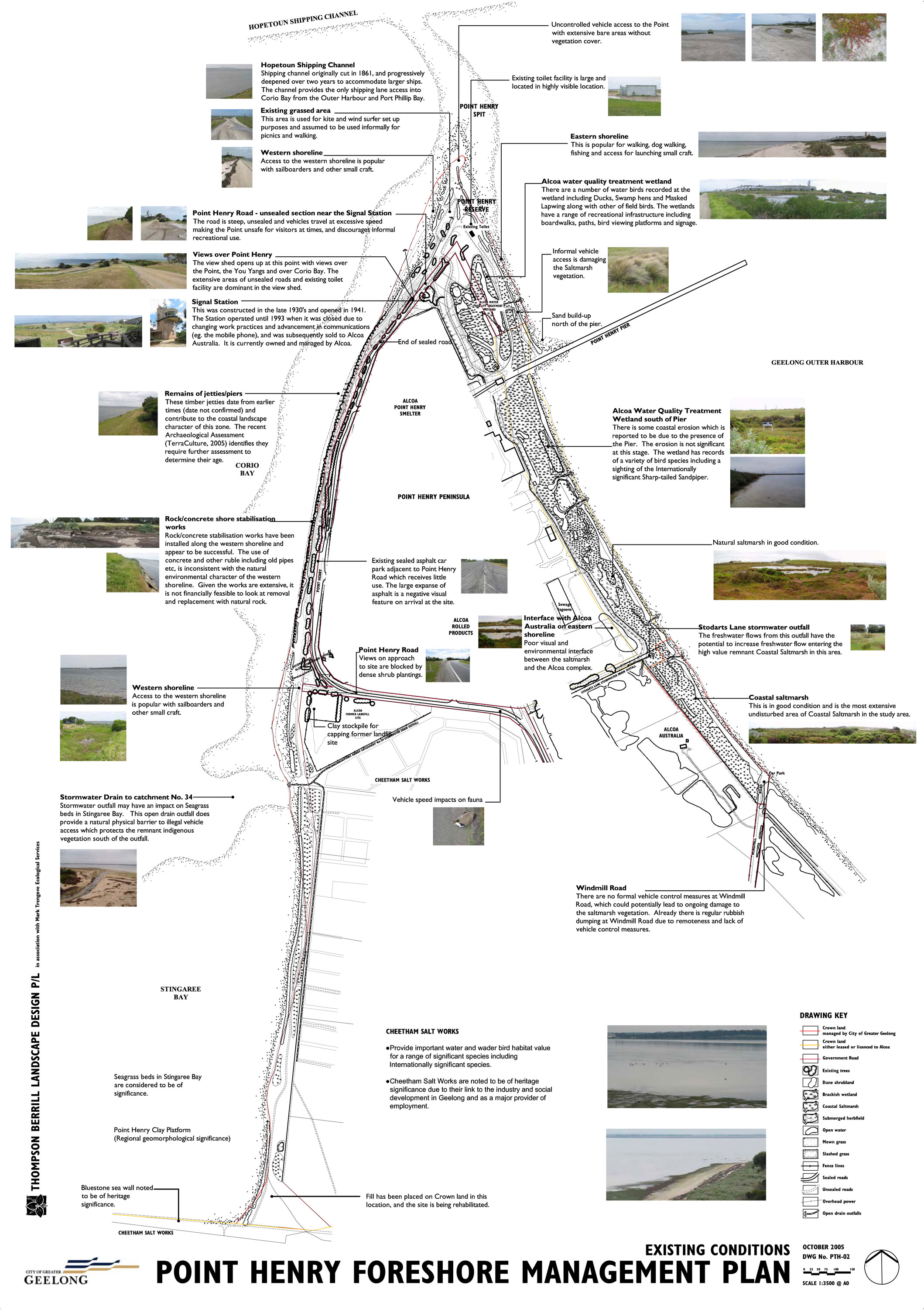 Plan with detailed descrptions next to images images showing existing conditions at Point Henry Foreshore