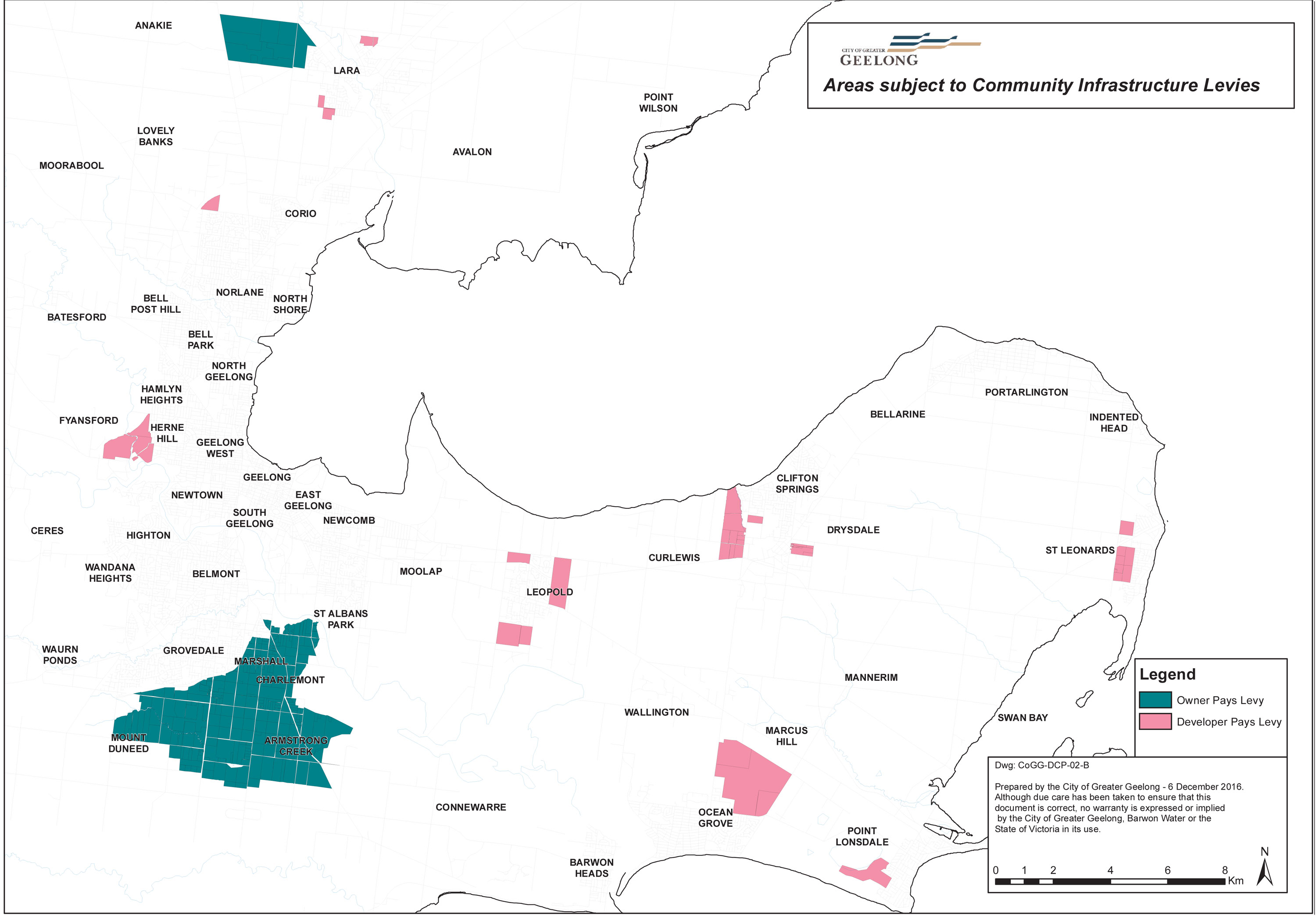 Map showing areas subject to Community Infrastructure Levies and who pays, as at November 2016