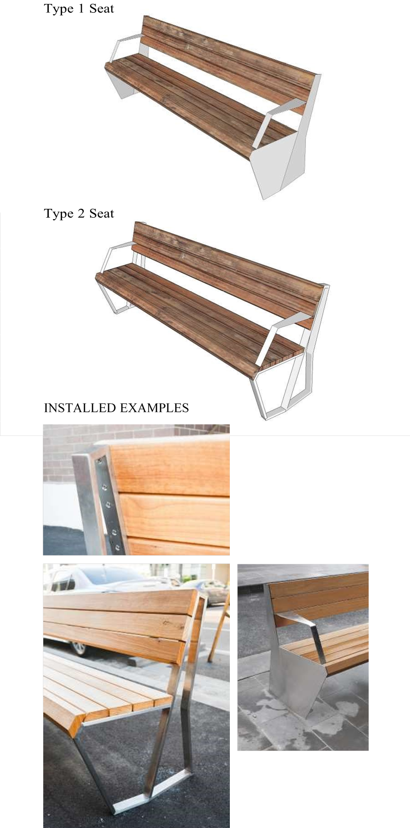 Images of type one and type two seats and installed examples