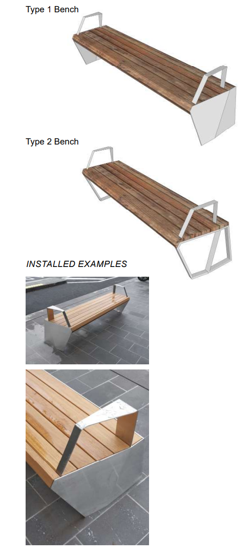 Images of type one and type two benches and installed examples