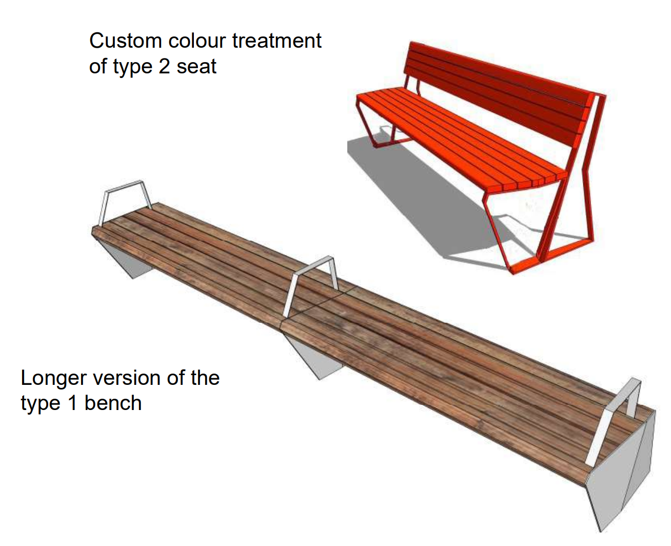 Custom colour treatment of type 2 seat and longer version of the type 1 bench