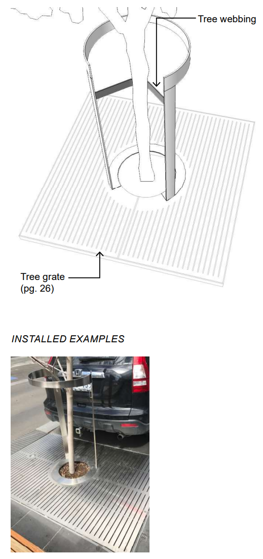 Diagram showing tree webbing and tree grate; includes an istalled examples