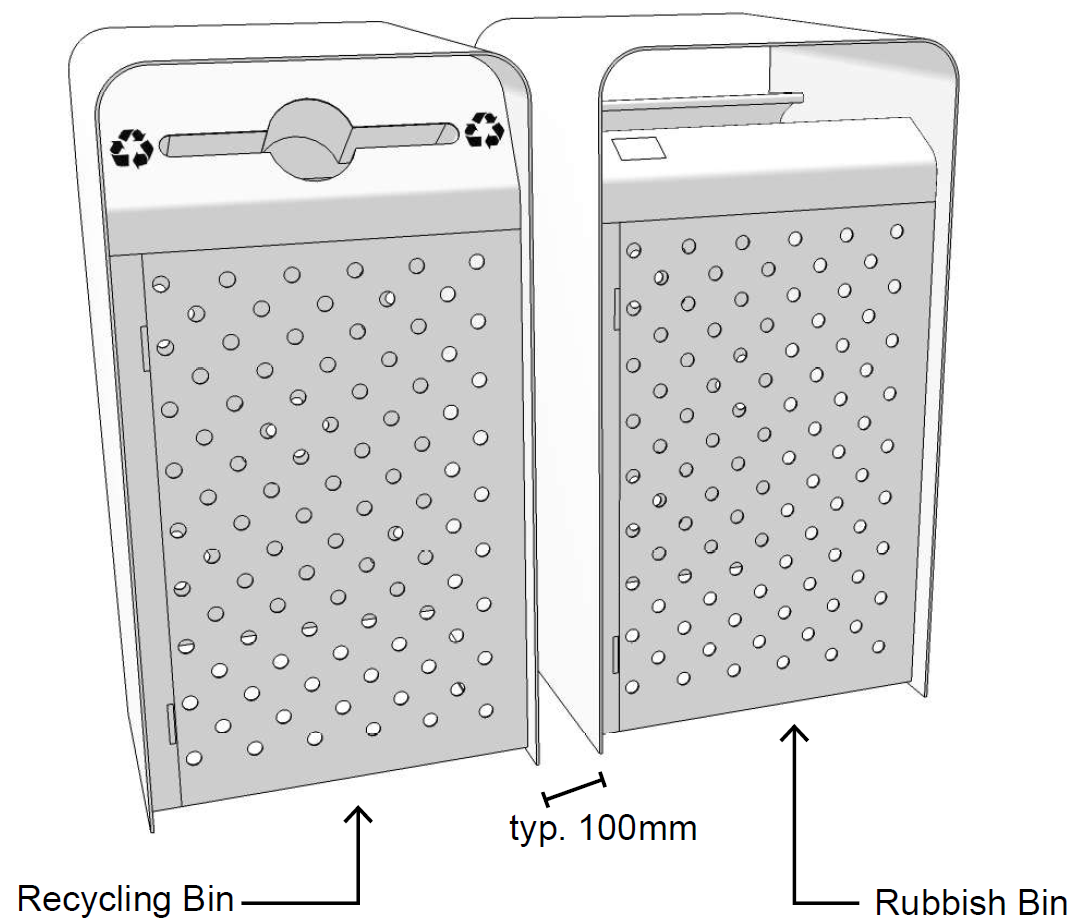 Artist's impression of a recycling bin and rubbish bin with a 100mm gap between bins