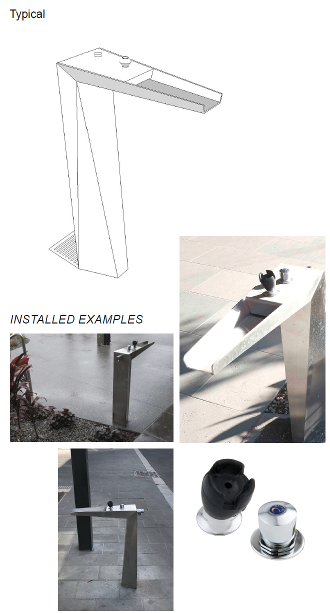 Diagram of a drinking fountain and installed examples