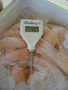 Food thermometer showing temperature of 12 degrees celsius while resting on uncooked sausages