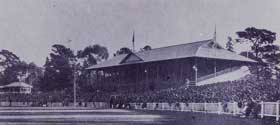 Black and white image showing a section of Kardinia Park with the grandstand press and committee boxes taken during the Geelong - Essendon game on 21 May 1951