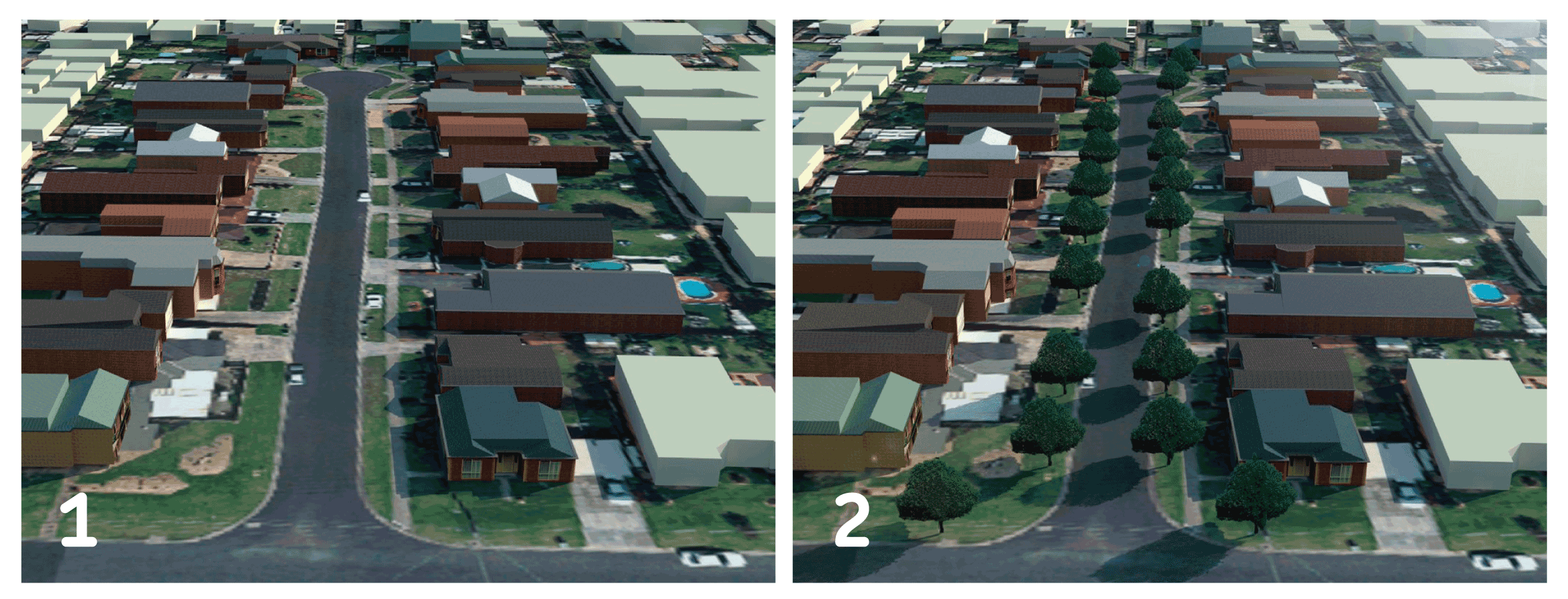 Images: 1. A streetscape in Whittington as it currently looks. 2. The same streetscape with its vacant sites planted out.