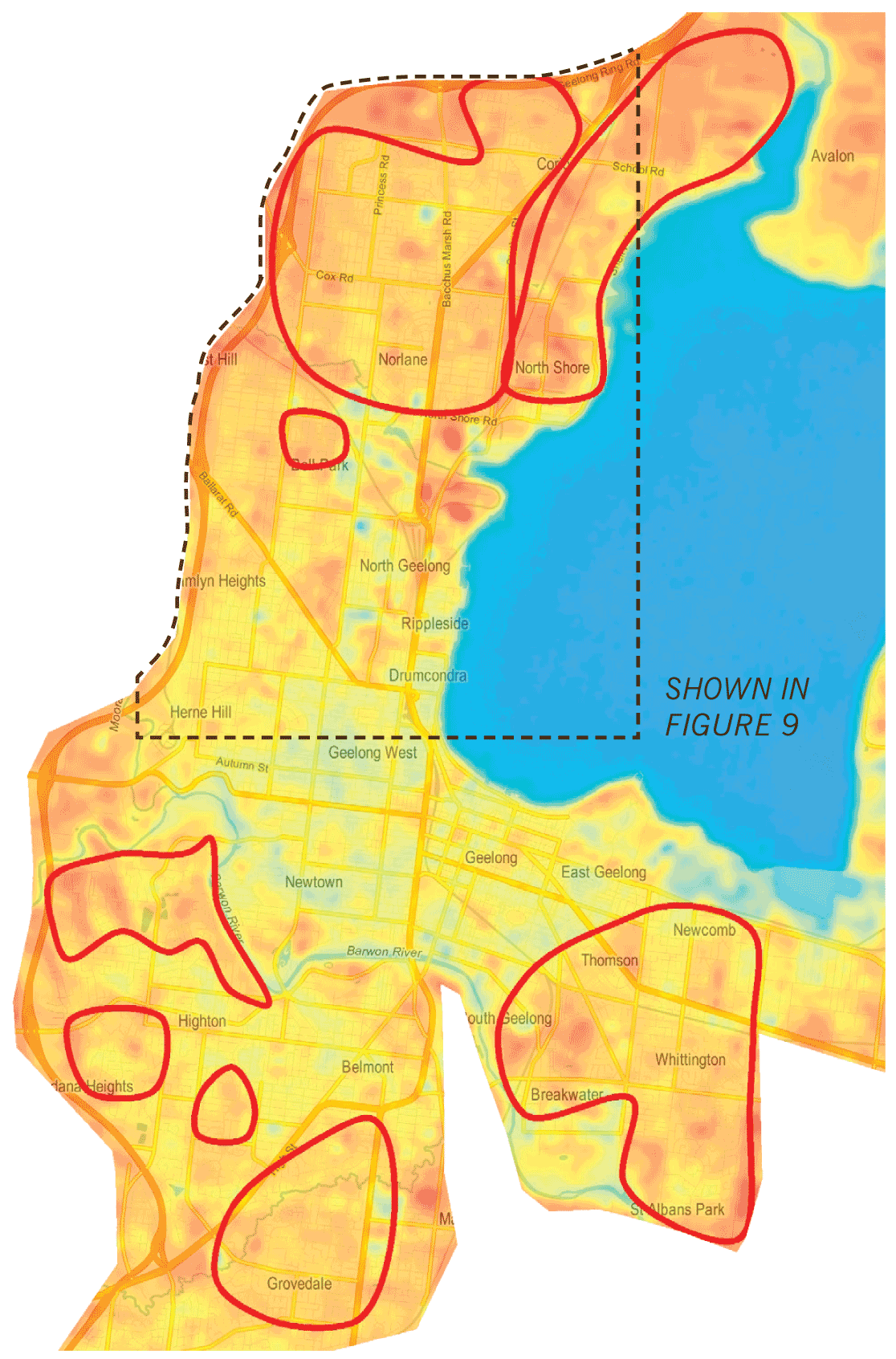 Geelong hotspots - Satellite thermal imagery of Geelong and associated hotspots.