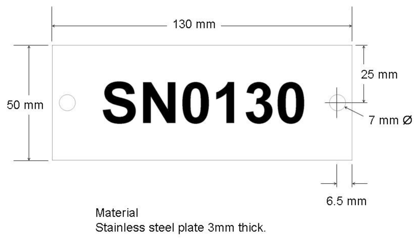 Diagram showing SN0130 with widths and heights for stainless steel plate 3mm thick