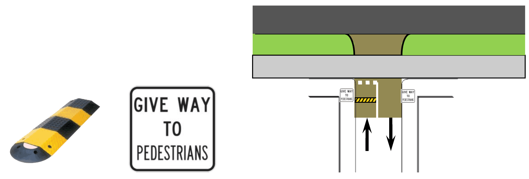 Images of bolt-down speed humps, signage and a zebra crossing diagram