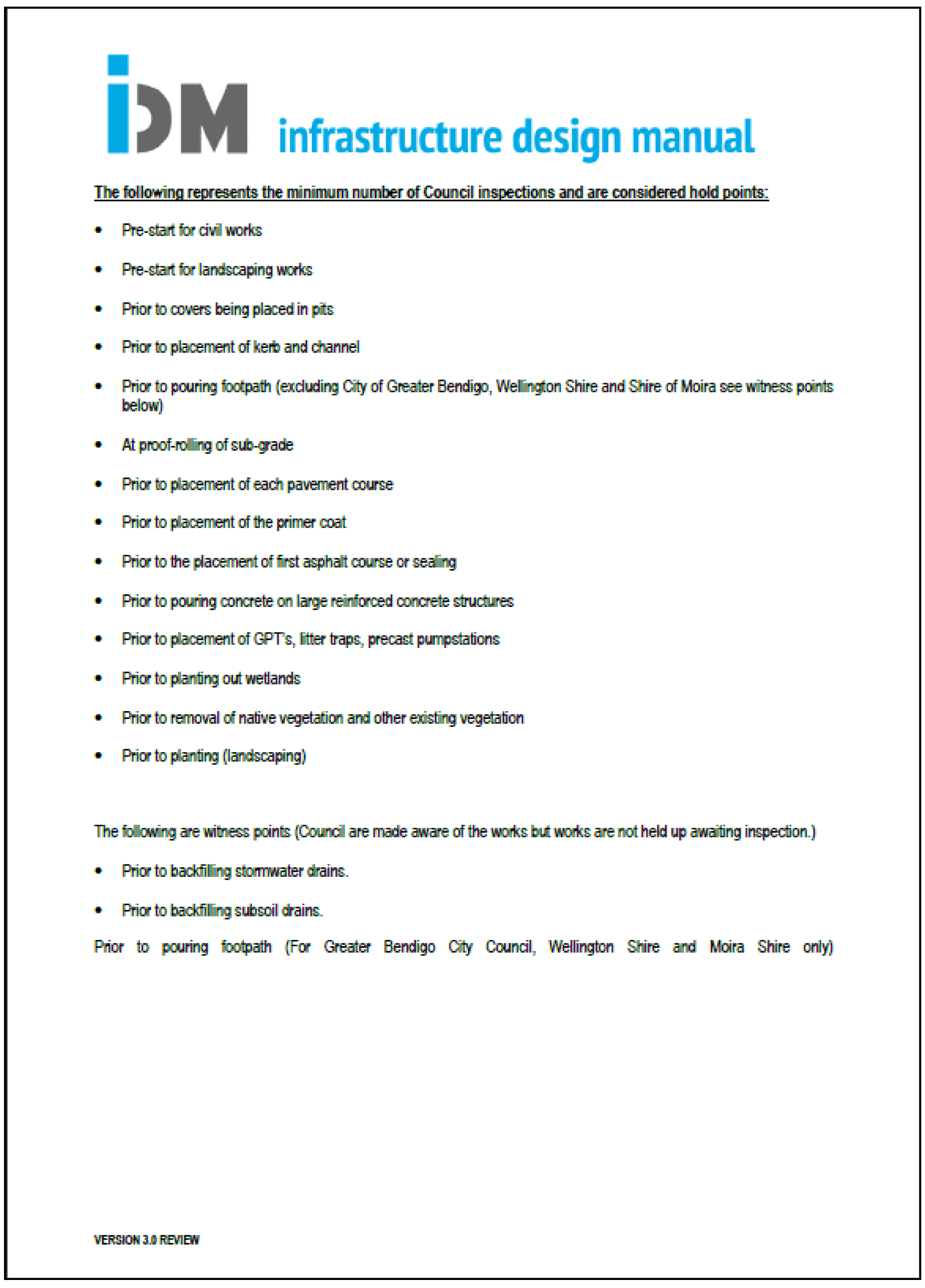List of Council inspections (hold points) and witness points