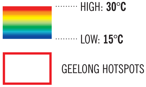 Thermal image value: High is red (30<sup>o</C) grading down to low is blue (15<sup>o</C). Hotspots are bordered in red.