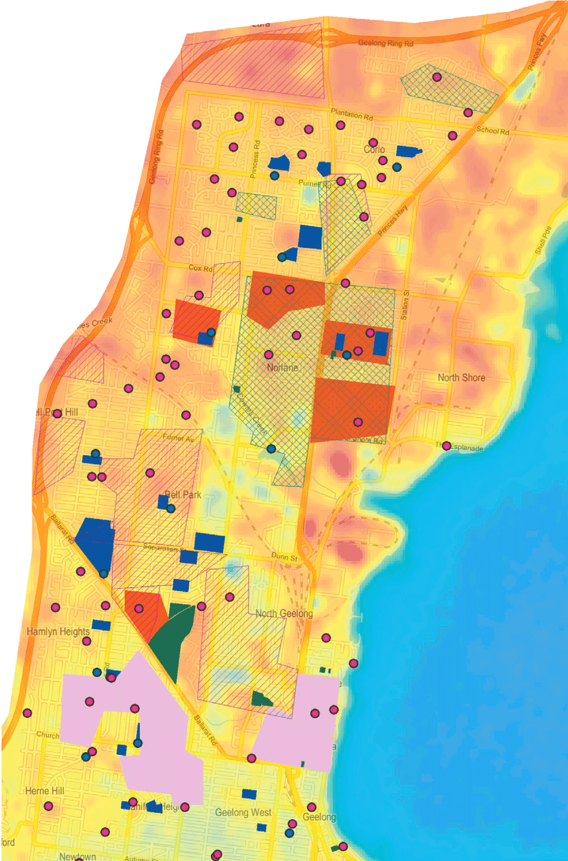 Areas of social vulnerability across the north of urban Geelong