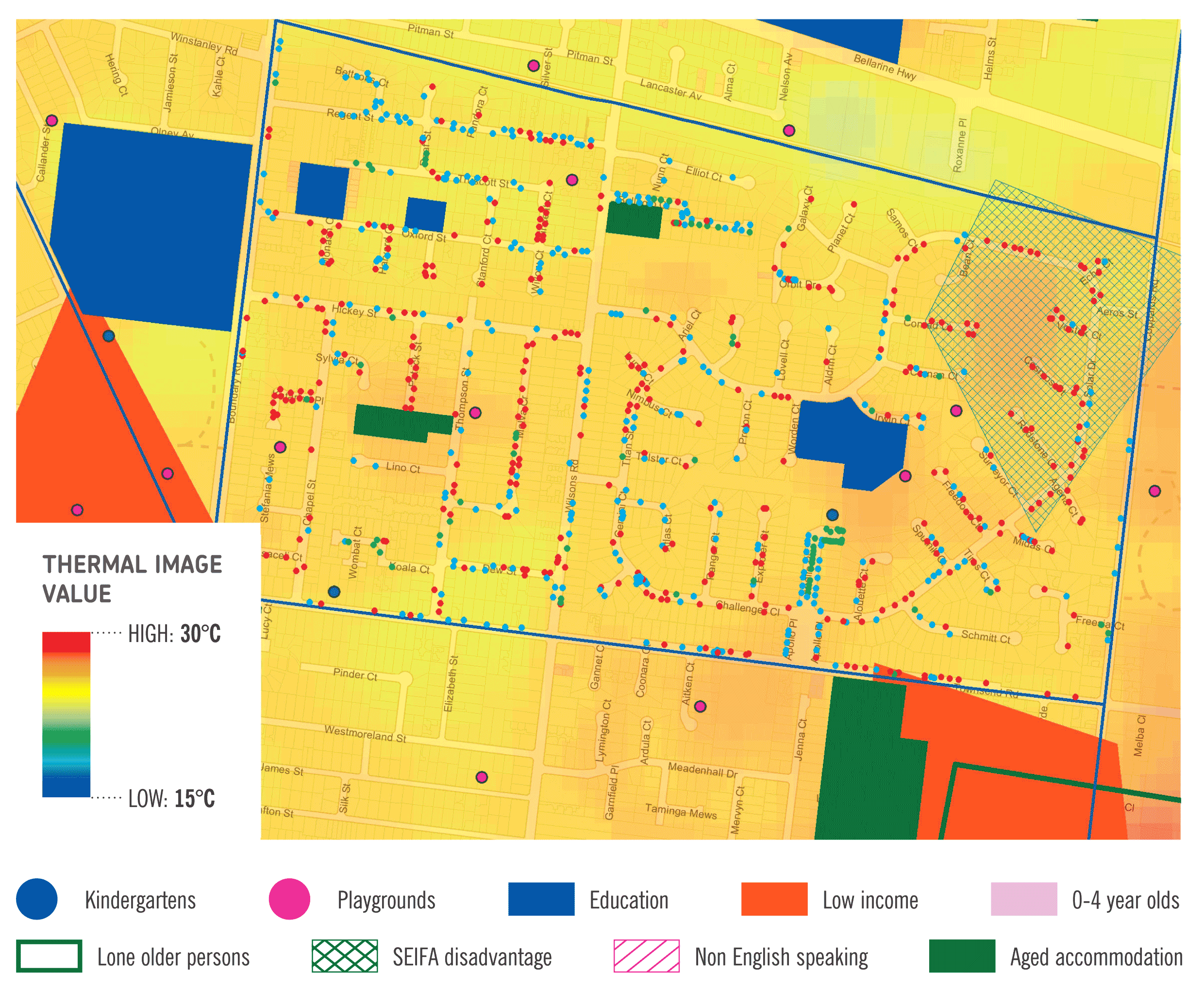 Location of schools and aged care mapped against the heat map and street tree distribution in Whittington, one of Geelong’s hotspots. Image includes thermal image value and legend of symbols