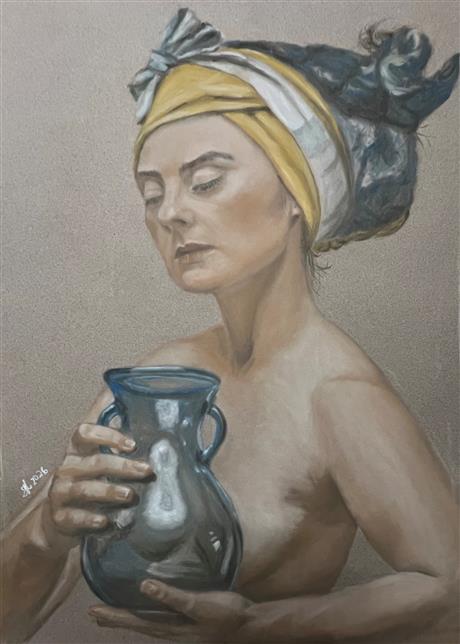 Woman with blue glass vase