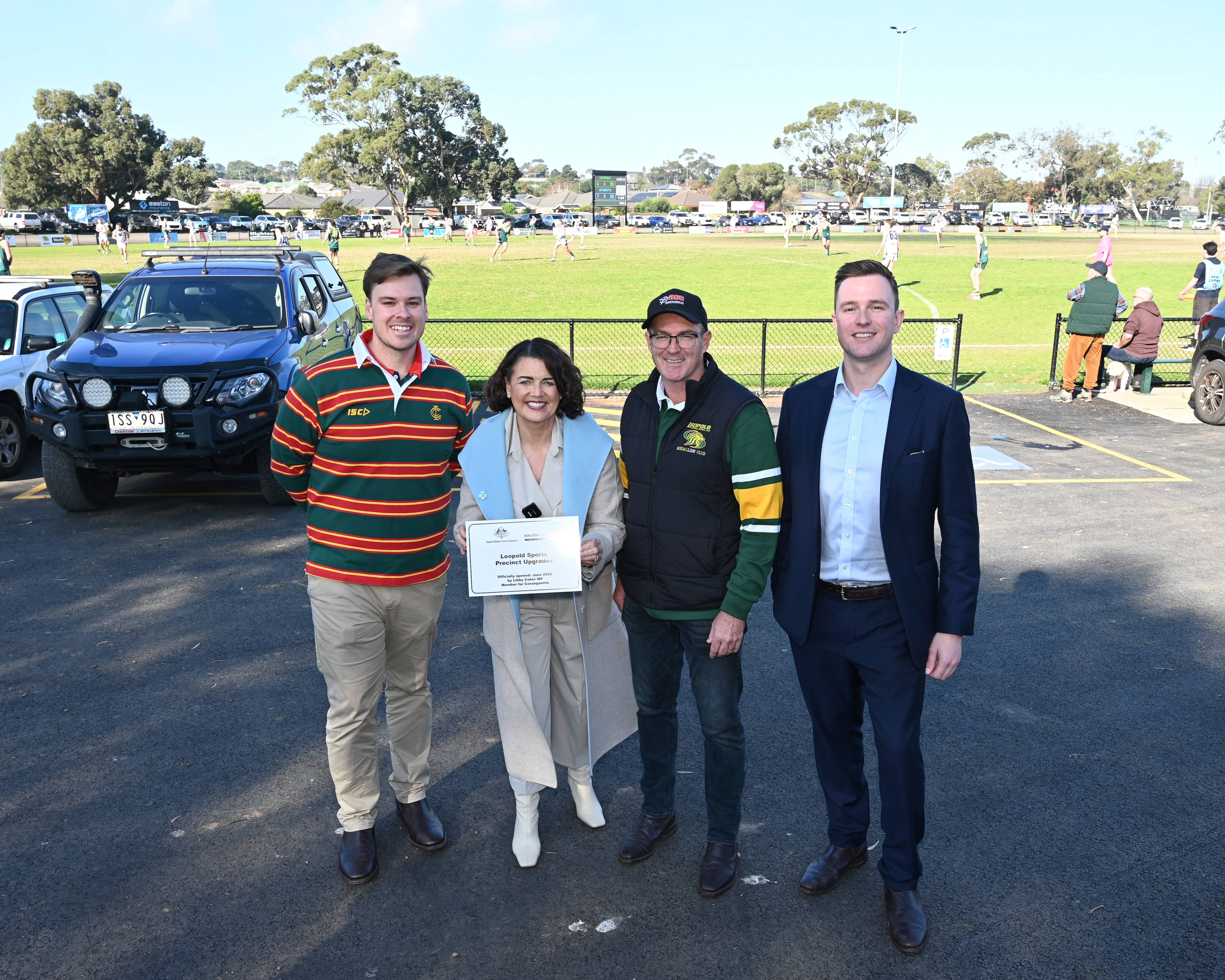 Callum Whitehead from Leopold Cricket Club, Libby Coker MP, Richard Hockley from Leopold Football Netball Club and Leopold Ward CouncillorCr Trent Sullivan