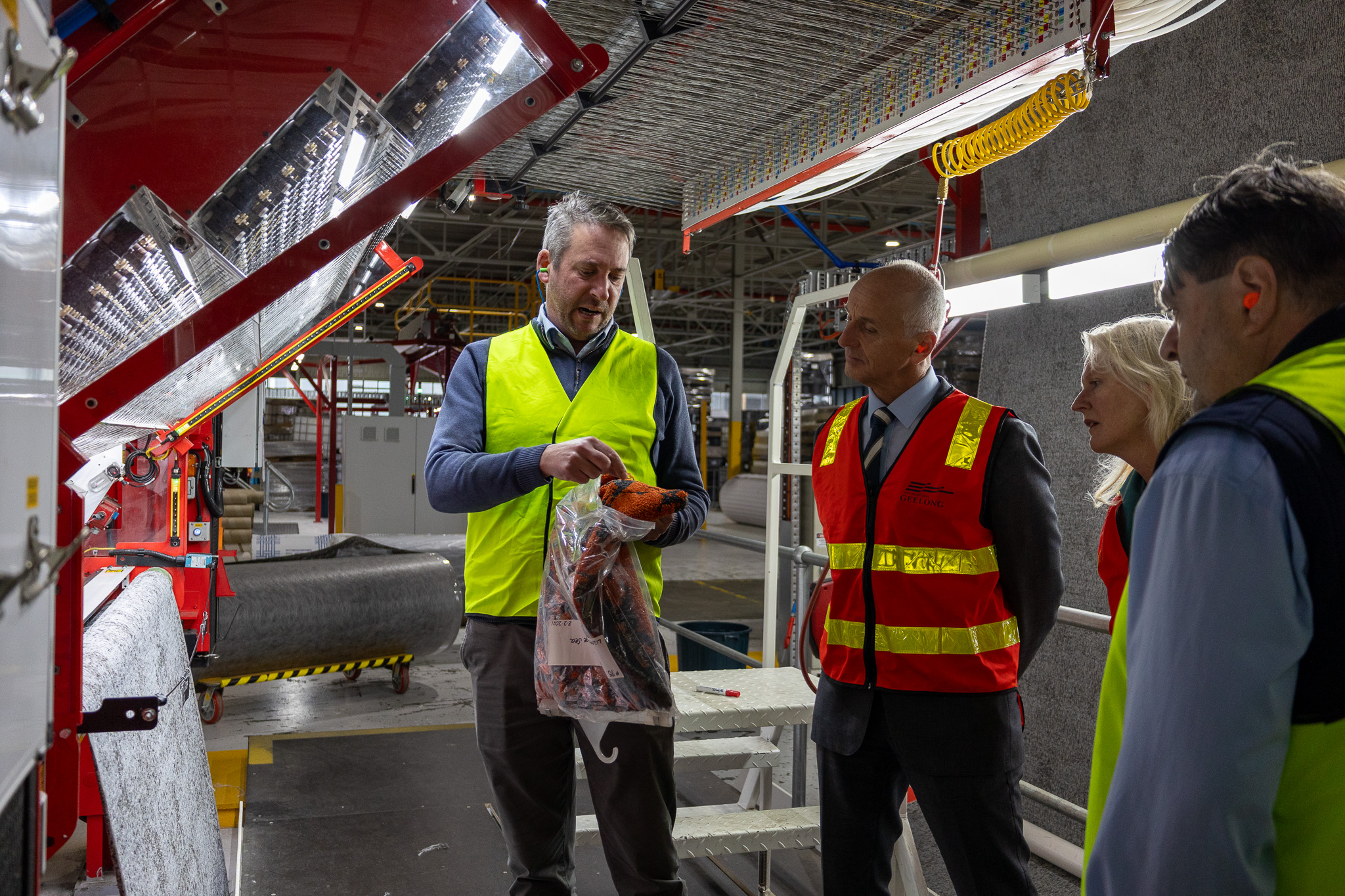 Godfrey Hirst South Geelong site manager Nick Golding with Mayor Stretch Kontelj, Cr Elise Wilkinson and Cr Andrew Katos