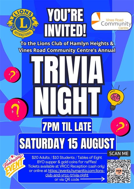 Trivia Night poster 7PM 'til late Saturday 15 August
