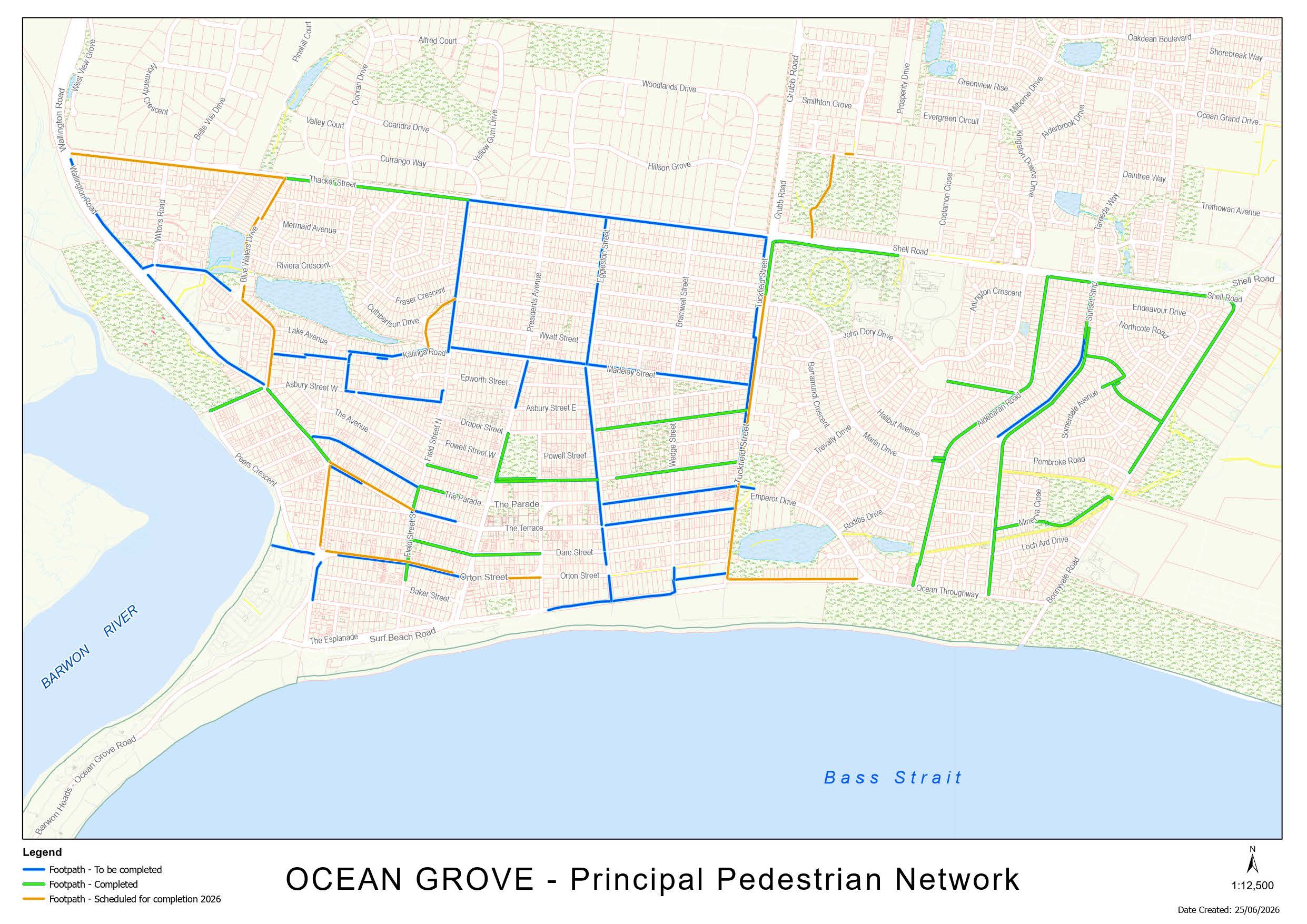 Map of Ocean Grove Principal Pedestrian Network project status