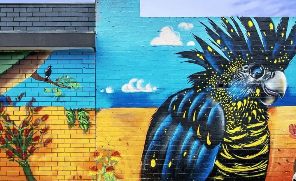 Colourful mural of a large black cockatoo on a landscape with yellow field, blue sky and white clouds