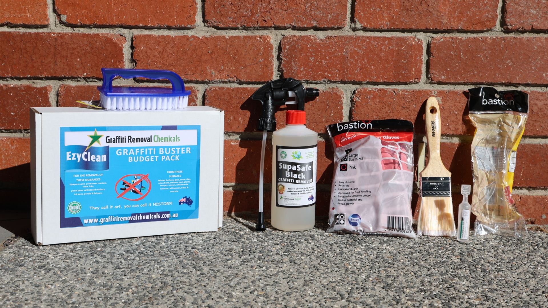 Photograph of contents of Graffiti Removal Kit and its packaging.