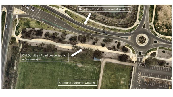 The image shows an example of a greenway at Burvilles Road at the intersection of Surf Coast Highway. The old Burvilles Road was converted to a greenway.