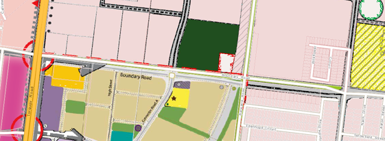 This image shows where Boundary Road is currently located (white) and its future alignment further south (grey).