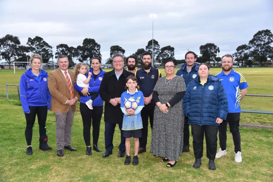 L to R - Stephanie McDonald, Cr Anthony Aitken, Hazel Brewer, Adele Casey, Member for Lara John Eren, Jason Heywood, Dylan Pyle (with ball), President Rhys Brewer, Cr Kylie Grzybek, Tyler Friswell, Nadia Roberts, Matthew Burgess.