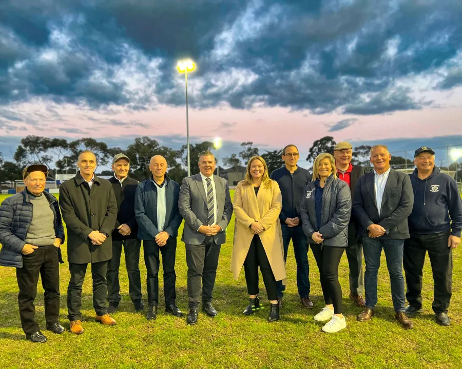 L-R - Paul Secen (Bell Park Sports Club life member), Cr Eddie Kontelj, Les Milanovic (life member), Lino Bisinella, Deputy Mayor Anthony Aitken, Ella George MP, Richard Bisinella, Rose Pirrottina (President), Gino Tromba (life member), Cr Peter Murrihy, Frank Mazza (life member).
