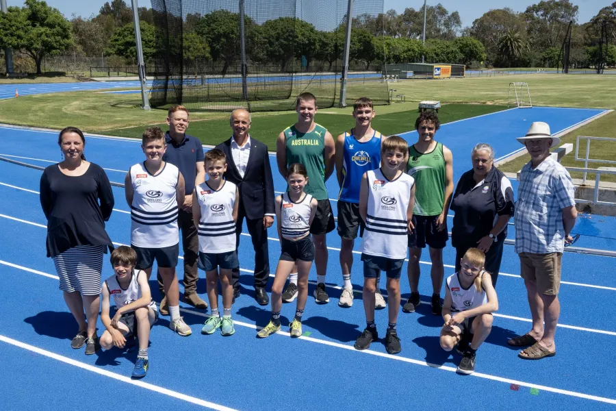 City of Greater Geelong Mayor Stretch Kontelj with members of Little Athletics and Geelong Athletics and Landy Field stakeholders.