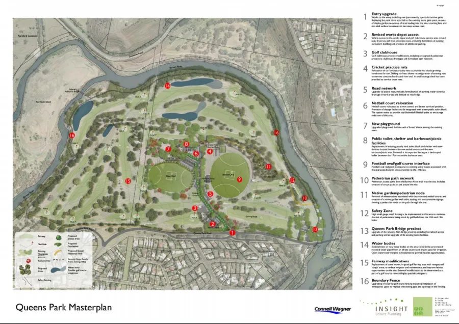 This is the landscape plan for the Queens Park Master Plan detailing the location and actions recommended as a result of the plan