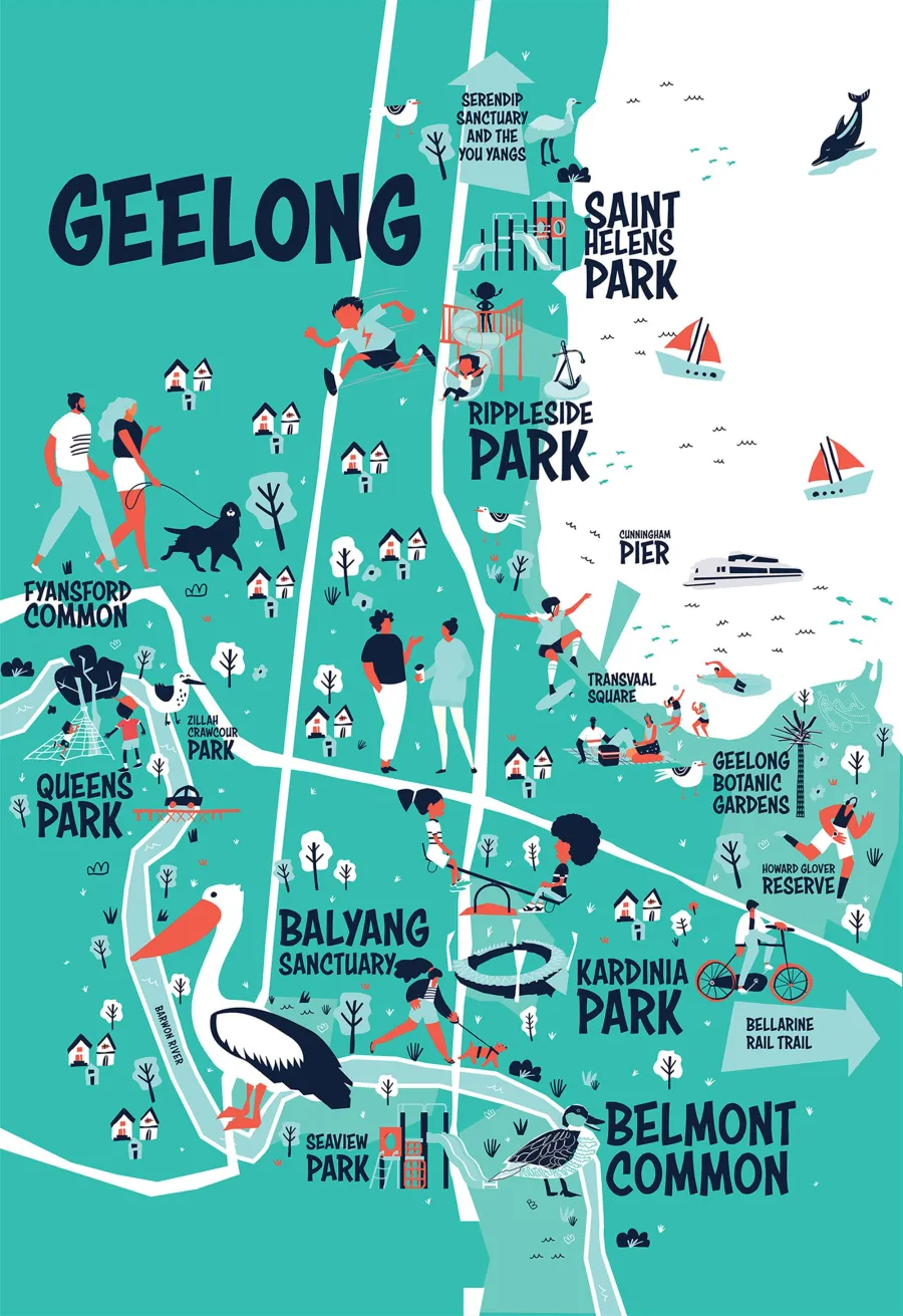 Embrace the space with this illustrative map of hidden gems in Geelong.