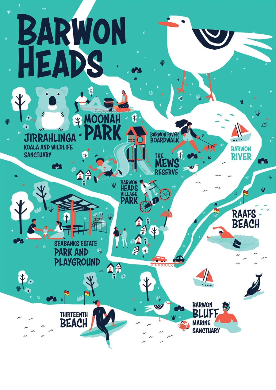 Embrace the space with this illustrative map of hidden gems in Barwon Heads.