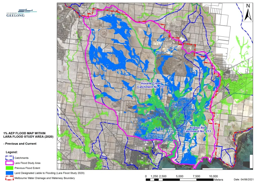 This map shows the flood extent in the Lara catchment for a 1% AEP (1 in 100 year) event.