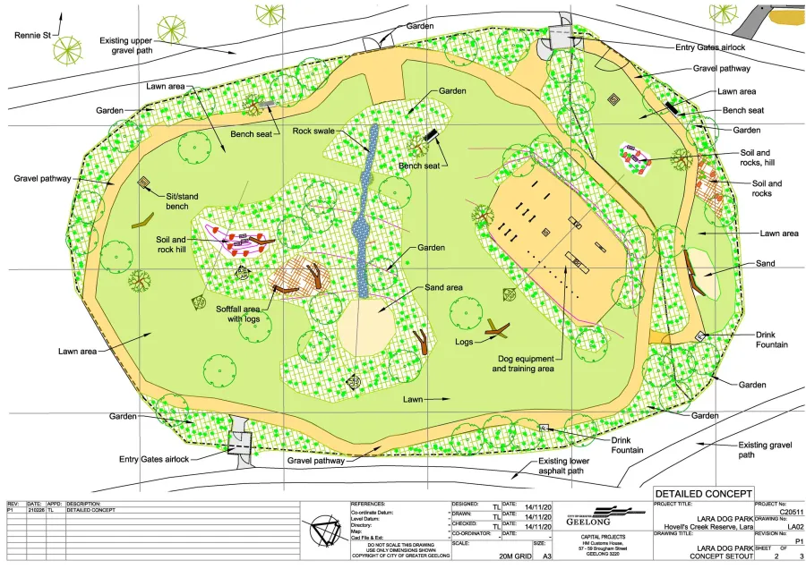 Lara Dog park plan detailed concept at Hovells Creek Public Recreation Reserve.