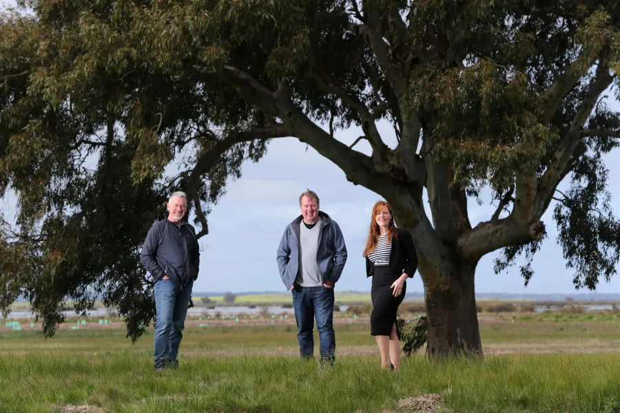 Councillors Bruce Harwood, Ron Nelson and Belinda Moloney at the Sparrovale-Nubitj yoorree Wetlands