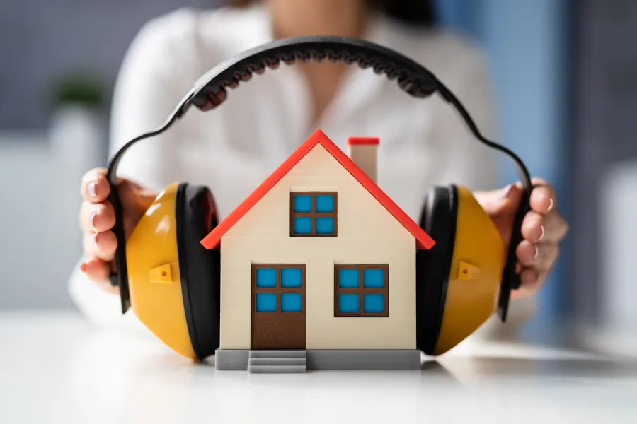 noise.jpeg Concept image about lous residential noise depicting a house wearing noise cancelling headphones.