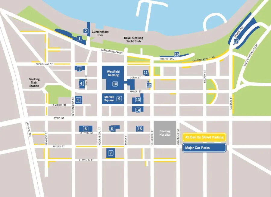 Map showing parking options in Central Geelong.