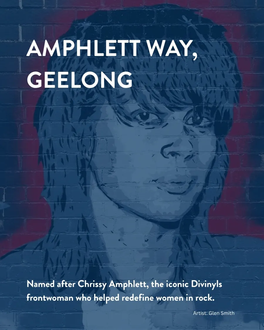 Amphlett Way, Belmont Mural of singer Chrissy Amphlett by Glen Smith with text about Amphlett Way, Belmont