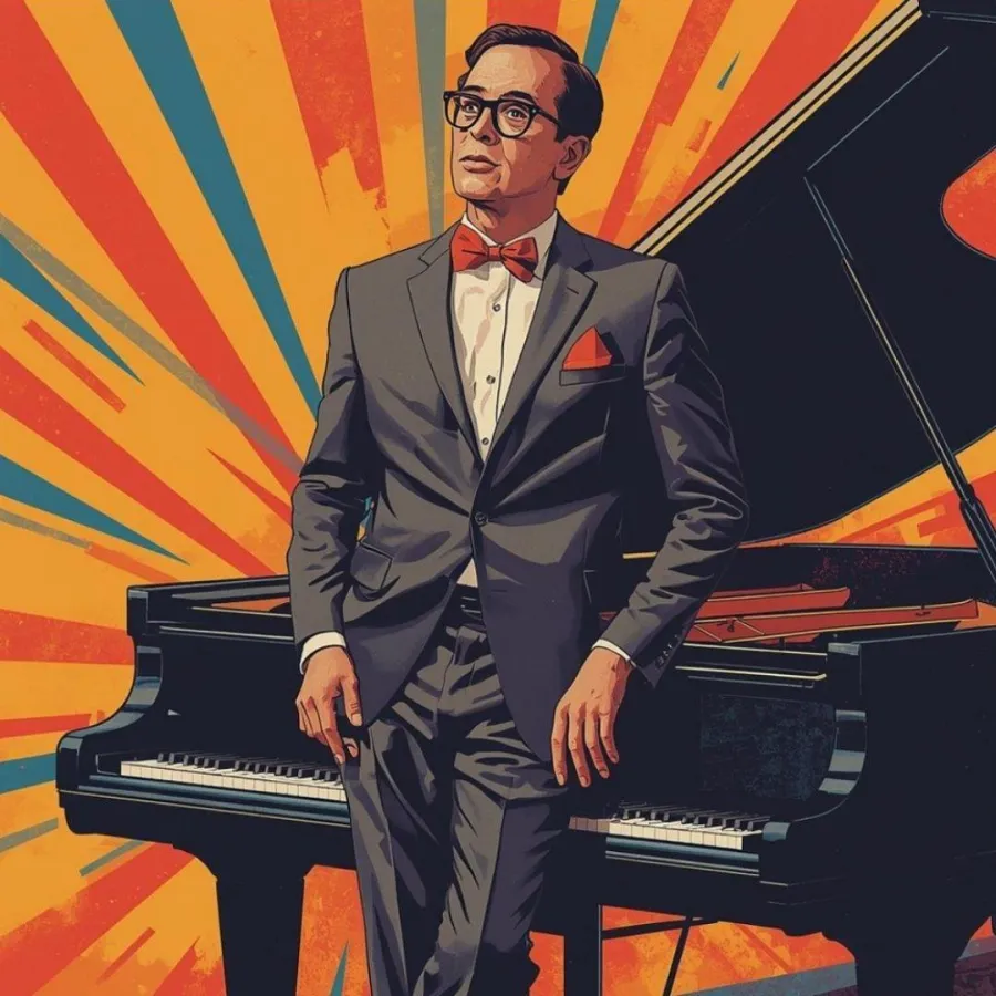 Tom Lehrer Illustration of Tom Lehrer in front of a piano