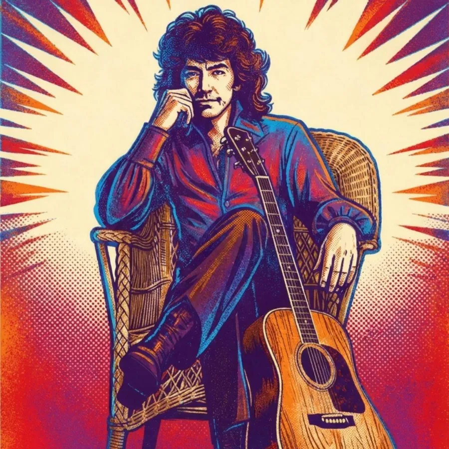 Neil Diamond sitting in chair with guitar