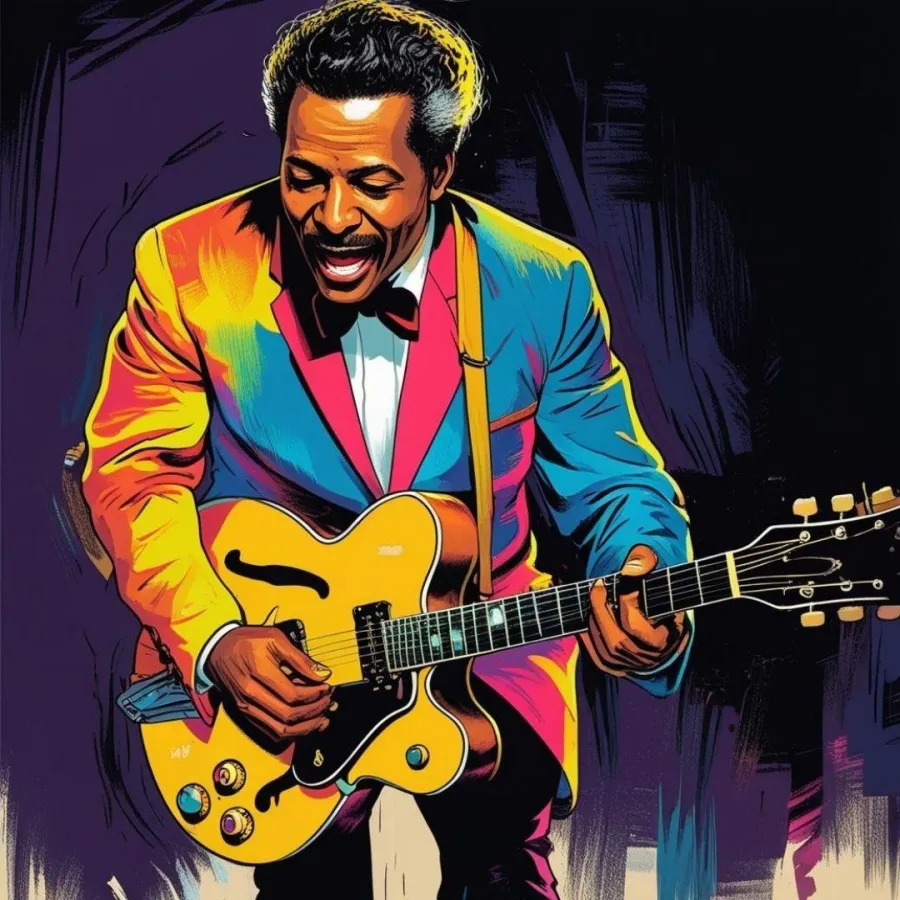 Chuck Berry with guitar on stage