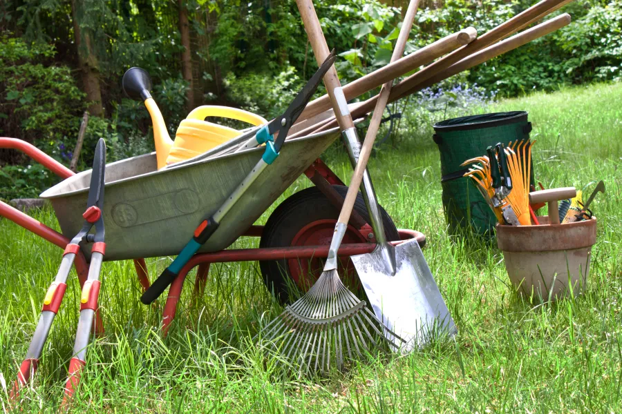 image of gardening tools in a wheelbarrow on a lawn