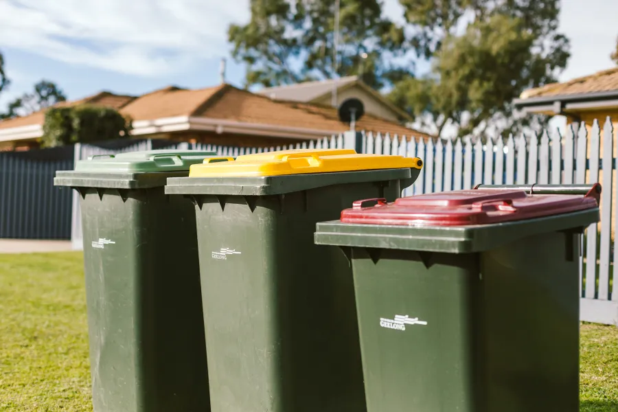 Green Waste, Recycling and Rubbish bins lines up on the kerb