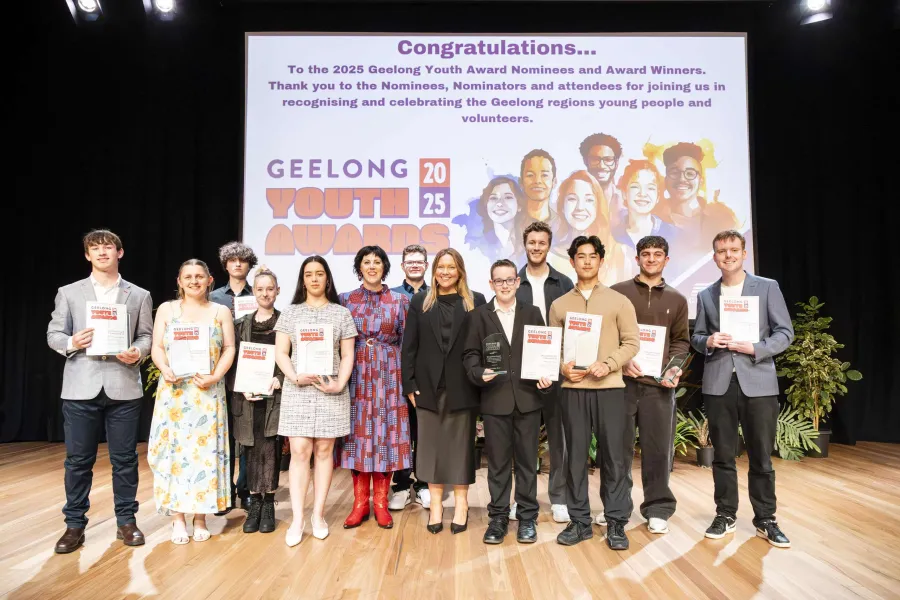 Geelong Youth Award winners with Councillor Emma Sinclair and Ella George Member of Parliament