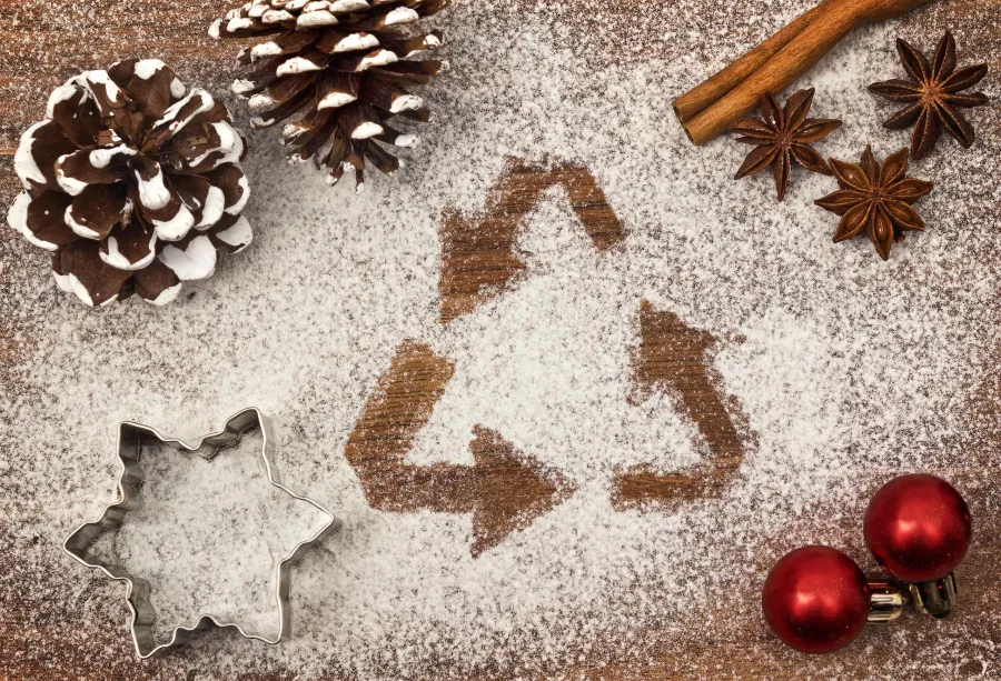 Making the most of leftover food is one way to reduce waste and save money An arrangement of pinecones, christmas baubles and cookie cutters. A sprinkling of white frosting forms a recycling symbol in the centre.