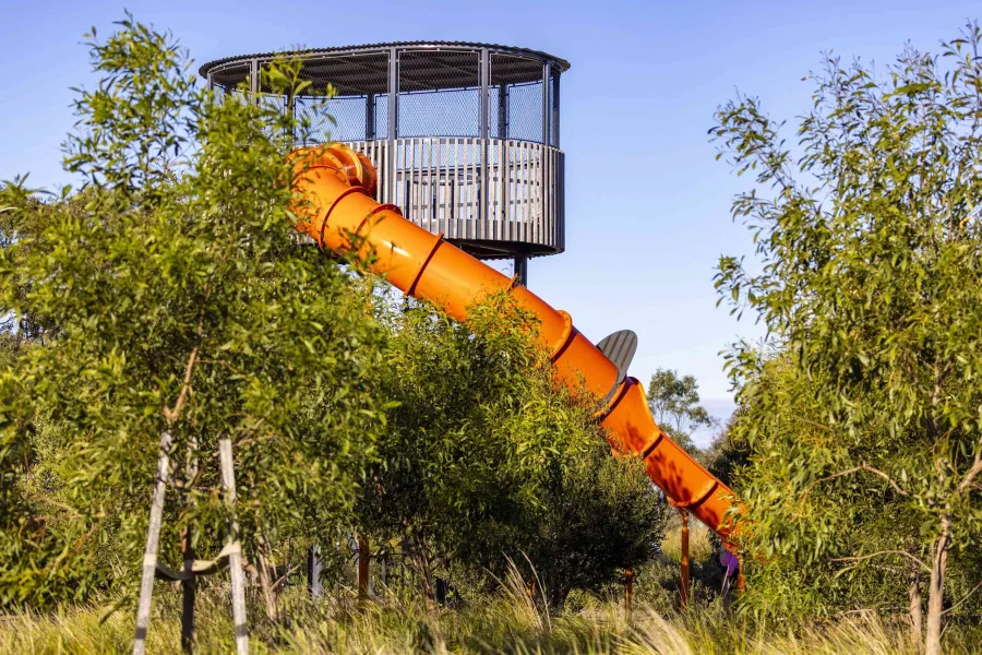 Orange slide showing through the trees in Parkfield Boulevard playground