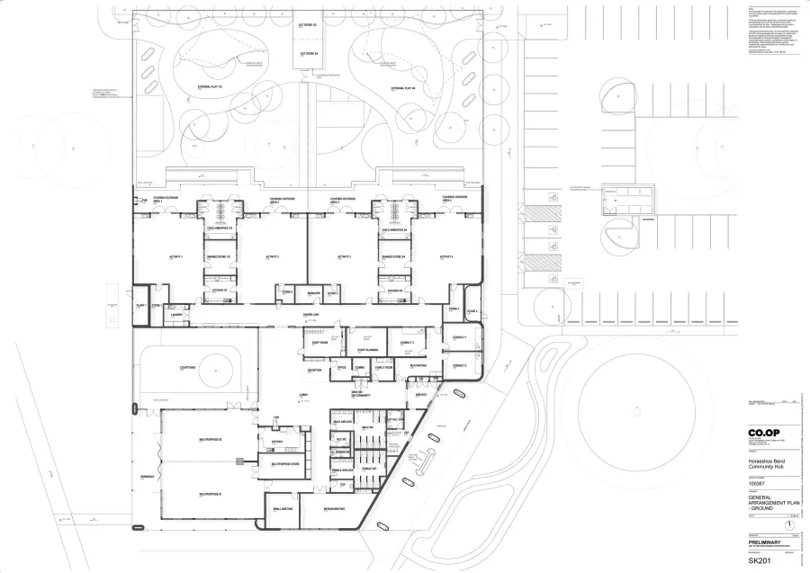 Black and white floor plan drawing of the Yirrama Community Hub Development