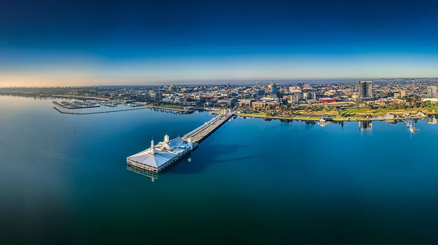 Waterfront aerial shot showcasing the pier